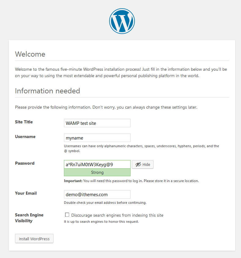 wordpress install info