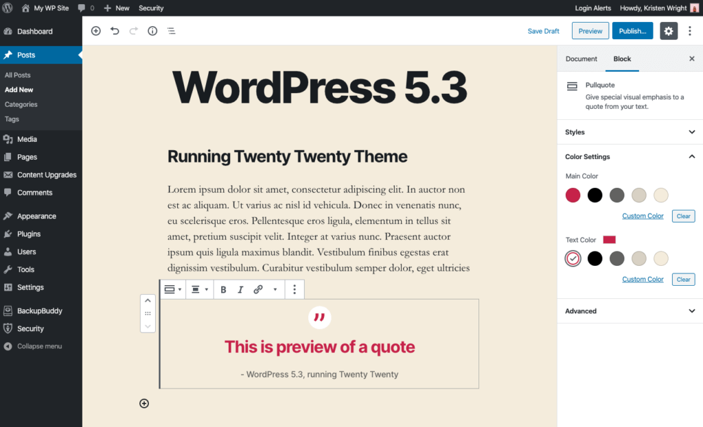 wordpress 5.3 in-page preview