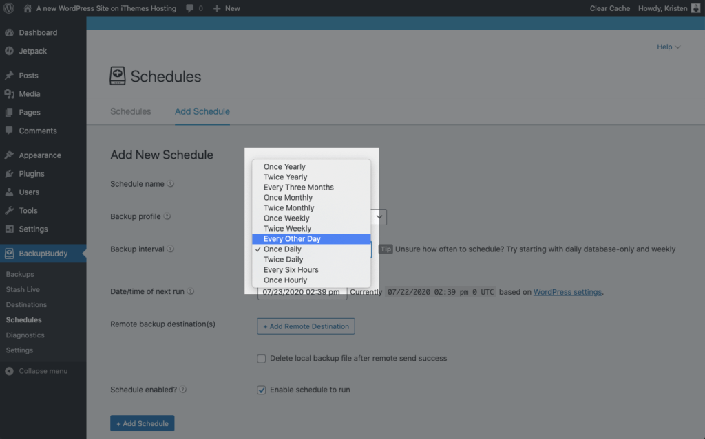 WordPress backup schedule