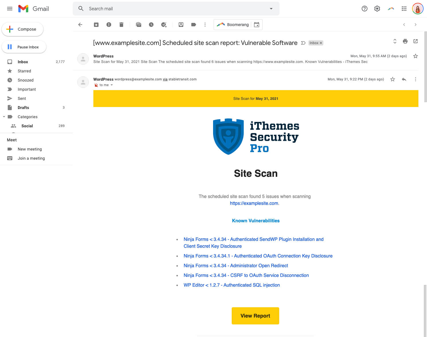 iThemes Security’s Site Scan warns designated users about vulnerable software by sending them actionable email notifications.