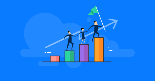 A bar chart going up with people stepping up the bars. The person on top carries a green flag like a mountain climber. The image suggests success and growth.