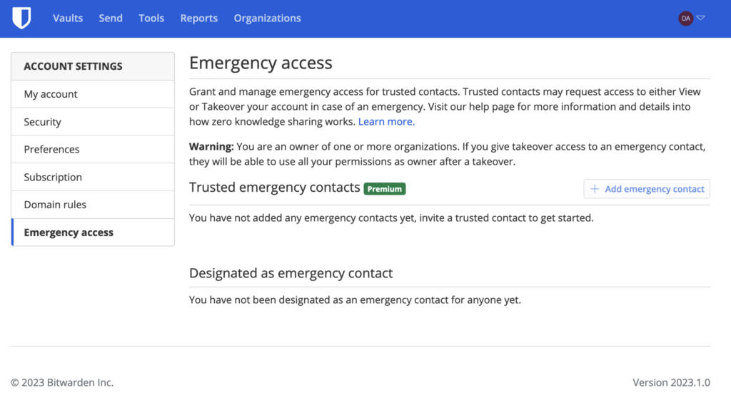 Emergency Contacts' Access Settings in Bitwarden